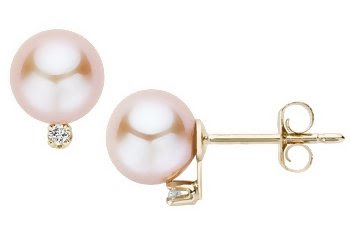 Pink Cultured Pearl & Diamond 14K Yellow Gold Earrings