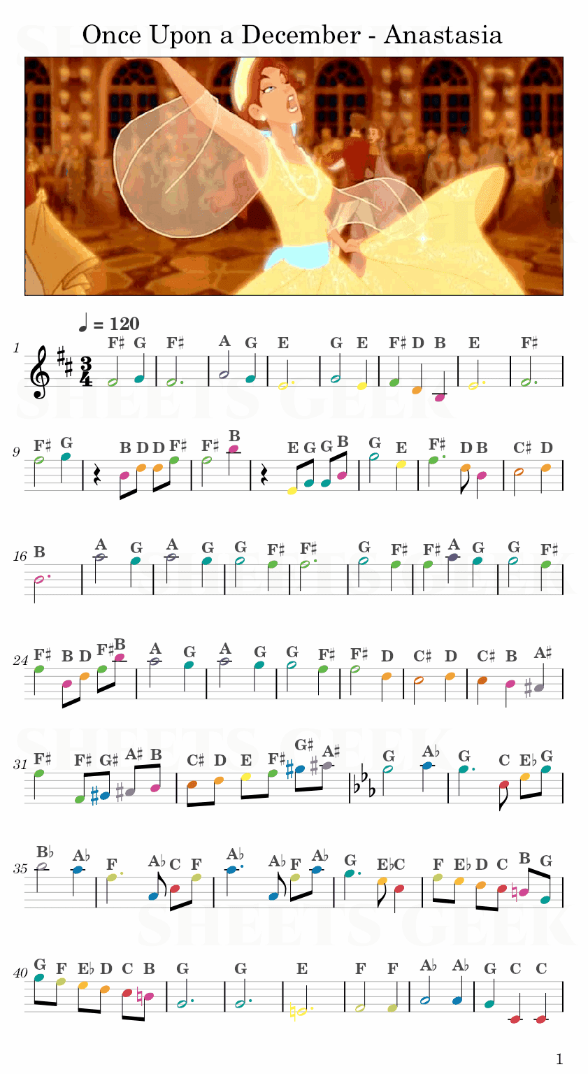 Once Upon a December - Anastasia Easy Sheet Music Free for piano, keyboard, flute, violin, sax, cello page 1