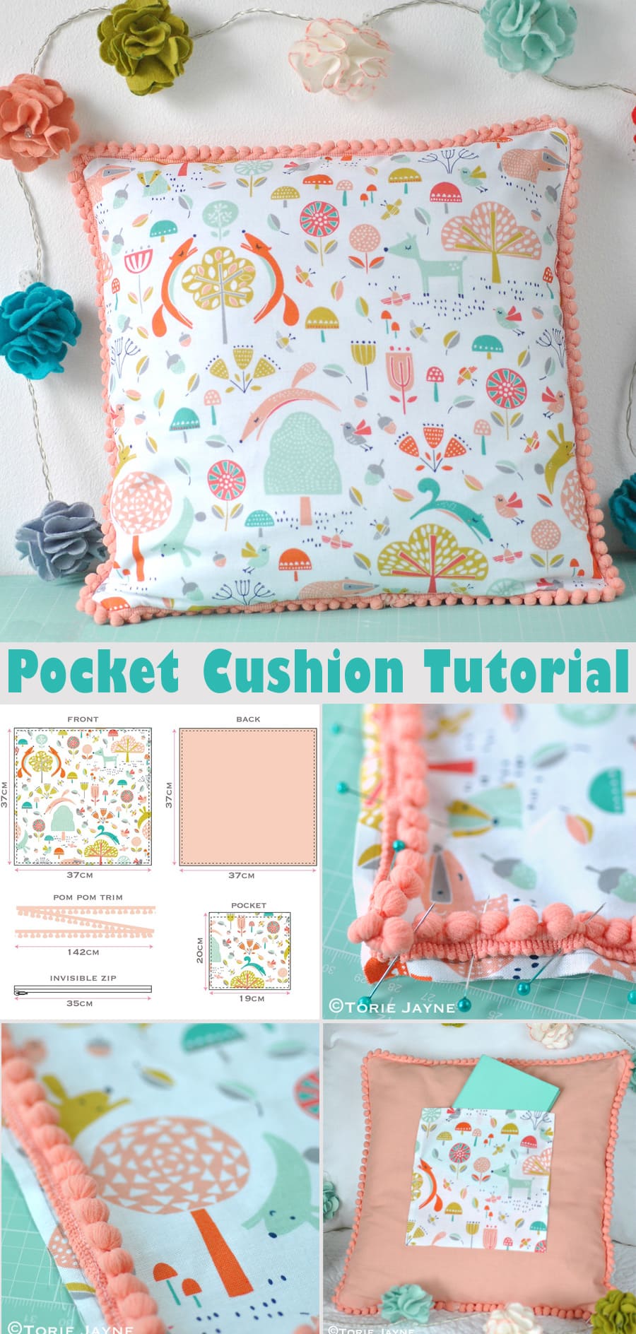 Pom Pom Trim Pocket Cushion Tutorial