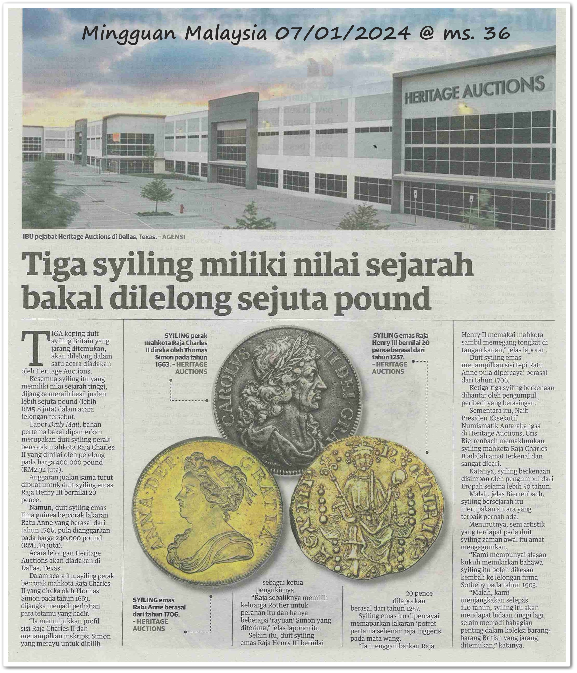 Tiga syiling miliki nilai sejarah bakal dilelong sejuta pound | Keratan akhbar Mingguan Malaysia 7 Januari 2024