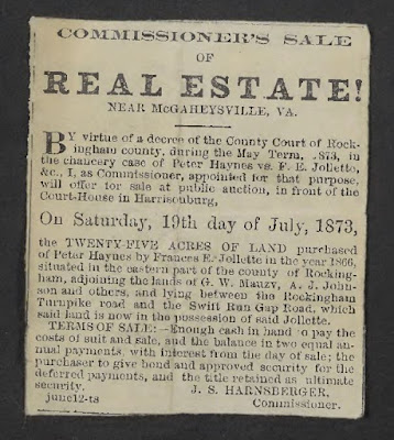 Newspaper ad for sale of Fannie Jollett's land 1873 https://jollettetc.blogspot.com