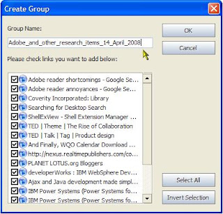 Storing a group of web page URL links in Avant Browser. (Click for a larger image)