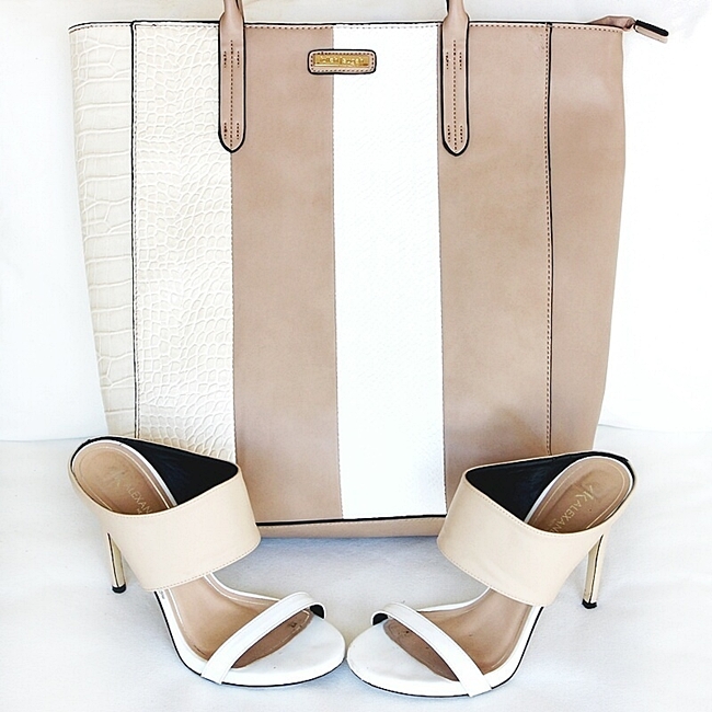Fullah Sugah beige striped tote bag.Beige and white mules heels.