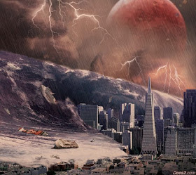 Tsunami invadindo cidade, cataclisma, ondas gigantes, 2036