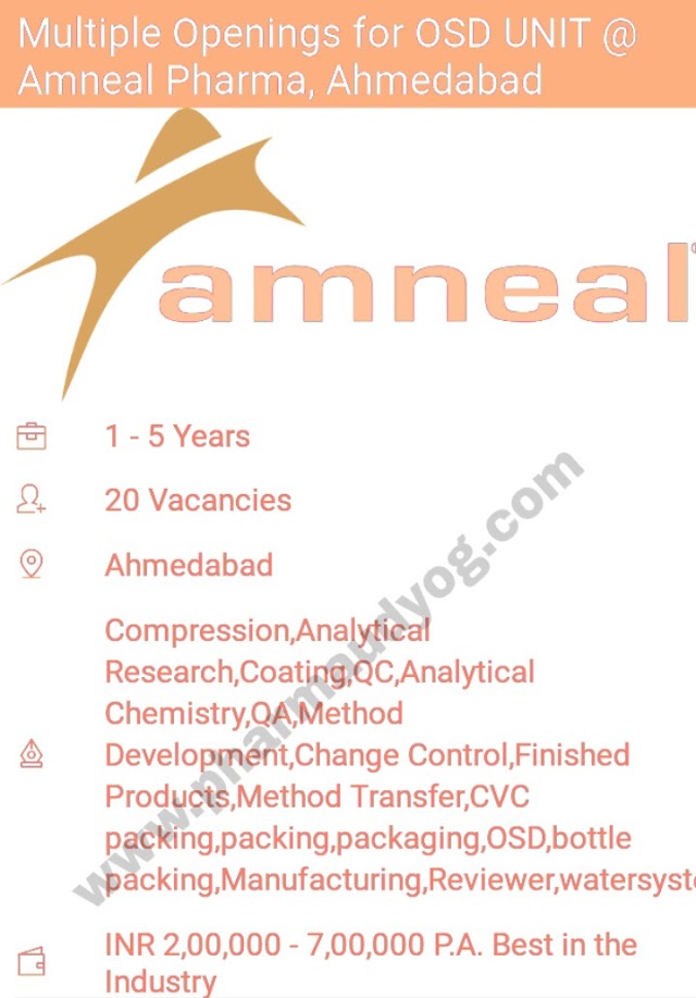 Amneal Pharmaceuticals | Recruitment for Multiple Positions | Ahmedabad | Send CV