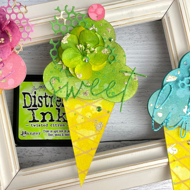 Mixed Media Watercolor Gelato Ice Cream Cone ATCs made with: Scrapbook.com A2 Sherbet Cardstock, word dies, smart glue; Tim Holtz Distress Ink kitsch flamingo, twisted citron, broken china, mustard seed, Distress Oxide fossilized amber; Pinkfresh jewels