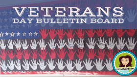 Veterans Day Bulletin Board where students make a flag out of their hands.  Each student is then able to dedicate a hand in honor or in memory of a veteran!