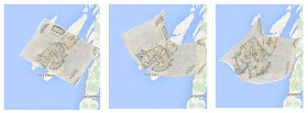 Transformations of Islay map, increasing correction from left to right.  Left:affine, centre:polynomial, right: TPS
