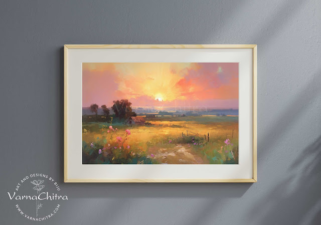 Colorful classical landscape in semi impasto, alla prima, semi impressionist style with visible brushwork by Biju Varnachitra, large size printable instant download, high quality original for custom printing and framing