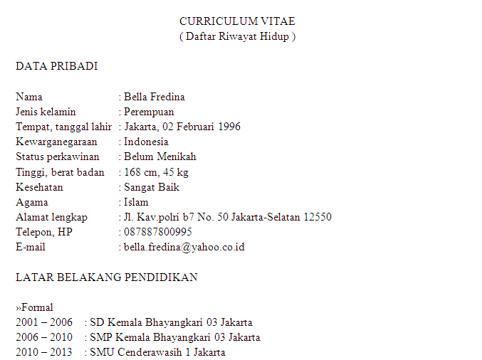 Contoh CV(curriculum vitae)Daftar Riwayat Hidup untuk 