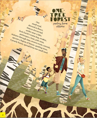 Illustration from the Pando spread in Leafy Landmarks with a multi-ethnic family of mom, dad, two children and a white dog walking through a grove of aspen trees with gold leaves.