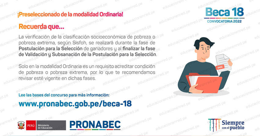 TALENTO PRESELECCIONADO BECA 18-2022: Fases para la clasificación socioeconómica según Sisfoh - www.pronabec.gob.pe