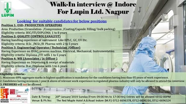 Lupin Pharma | Walk-In for Production/QC/WH/Engineering | 20th Jan 2019 | Indore