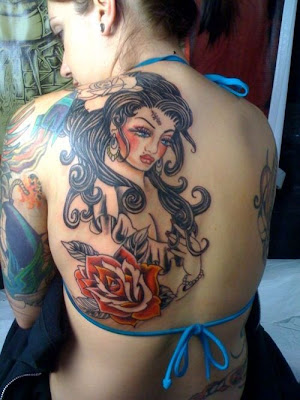 Japanese Flower and Girl Tattoo Design on Back Girl