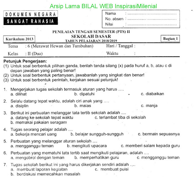 Download Soal Penilaian Tengah Semester (PTS) Genap Tema 6 (Merawat Hewan dan Tumbuhan) Bagian 1 Kelas 2 SD Terbaru tahun 2019 Gratis