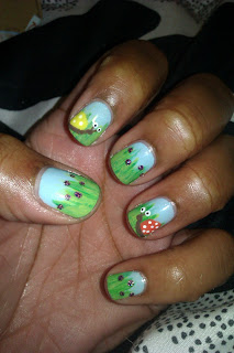 Snails, grass, spring, green, blue, nail art, mani