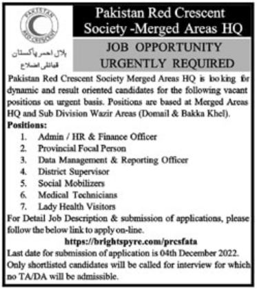 Pakistan Red Crescent PRC latest Government Management jobs and others can be applied till December 4, 2022 or as per closing date in newspaper ad. Read complete ad online to know how to apply on latest Pakistan Red Crescent PRC job opportunities.