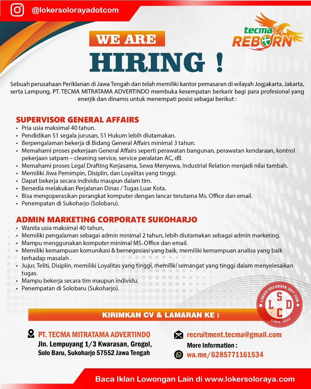 Loker Maret 2024 di PT Tecma Mitratama Advertindo Sukoharjo
