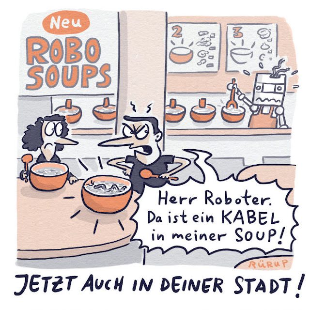 Roboter, KI, Koch, Essen, Food, Suppe, Ober, Haar, Witz, Klassiker, Kabel, Technik, Modernisierung, Technologie, Rürup, Cartoon, RUMS