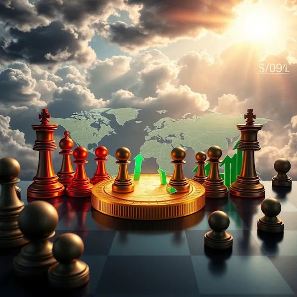 Imagem por IA mostrando um tabuleiro de xadrez sobre uma moeda simbolizando o jogo comercial entre EUA e China