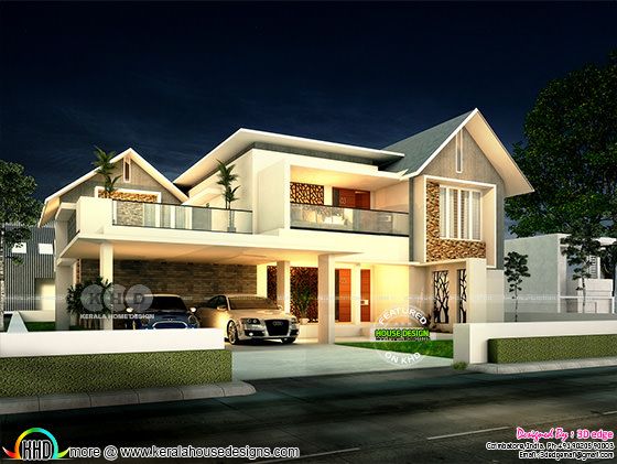 Modern mixed roof home plan in Kerala