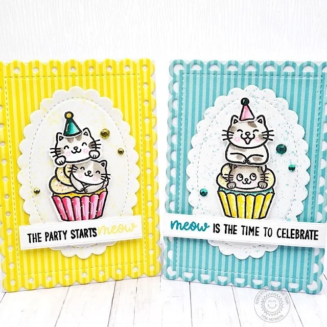 Sunny Studio Stamps: Birthday Cat Mini Birthday Card Set by Tina Henkens (featuring Mini Mat & Tag Dies, Scalloped Oval Mat Dies)