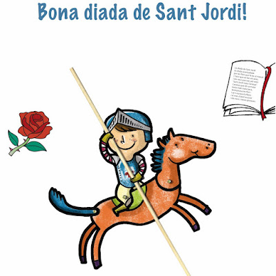 Dibuix d'un nen amb armadura en un cavall de fira, una rosa i un llibre