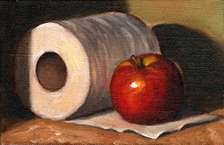 Oil painting of a red apple placed on an unfurled leaf of a toilet roll.