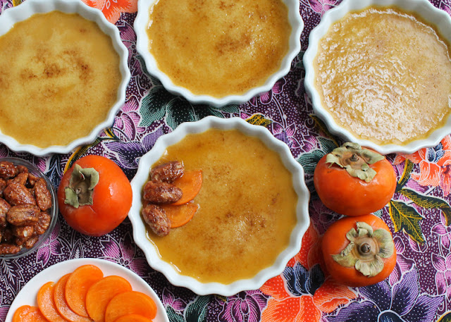 Food Lust People Love: Sweet pumpkin persimmons add a delightful flavor to this spiced persimmon crème brûlée. Top with sliced persimmons and perhaps a few candied pecans for a deliciously memorable holiday dessert.