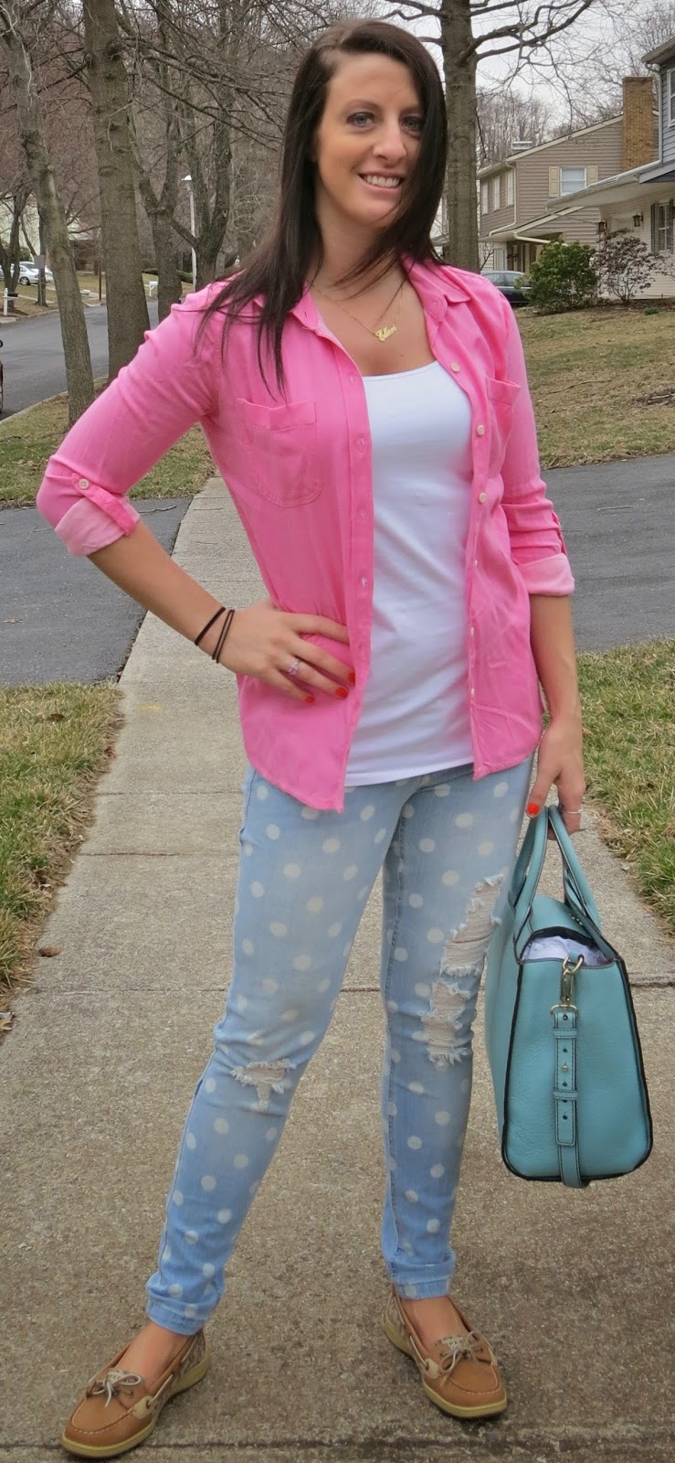 kate spade claremont bag, pink blouse, fashion, outfit, leopard sperrys, polka dot jeans