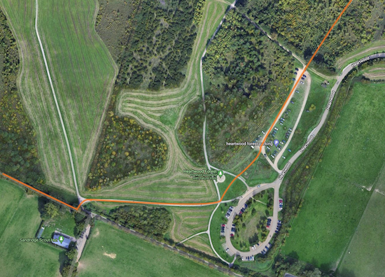 The route past the main car park shown in orange