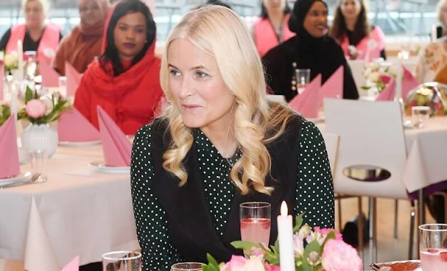 Crown Princess Mette Marit wore a new Mortimer green polka-dot silk dress from LK Bennett. Same dress worn by Kate Middleton