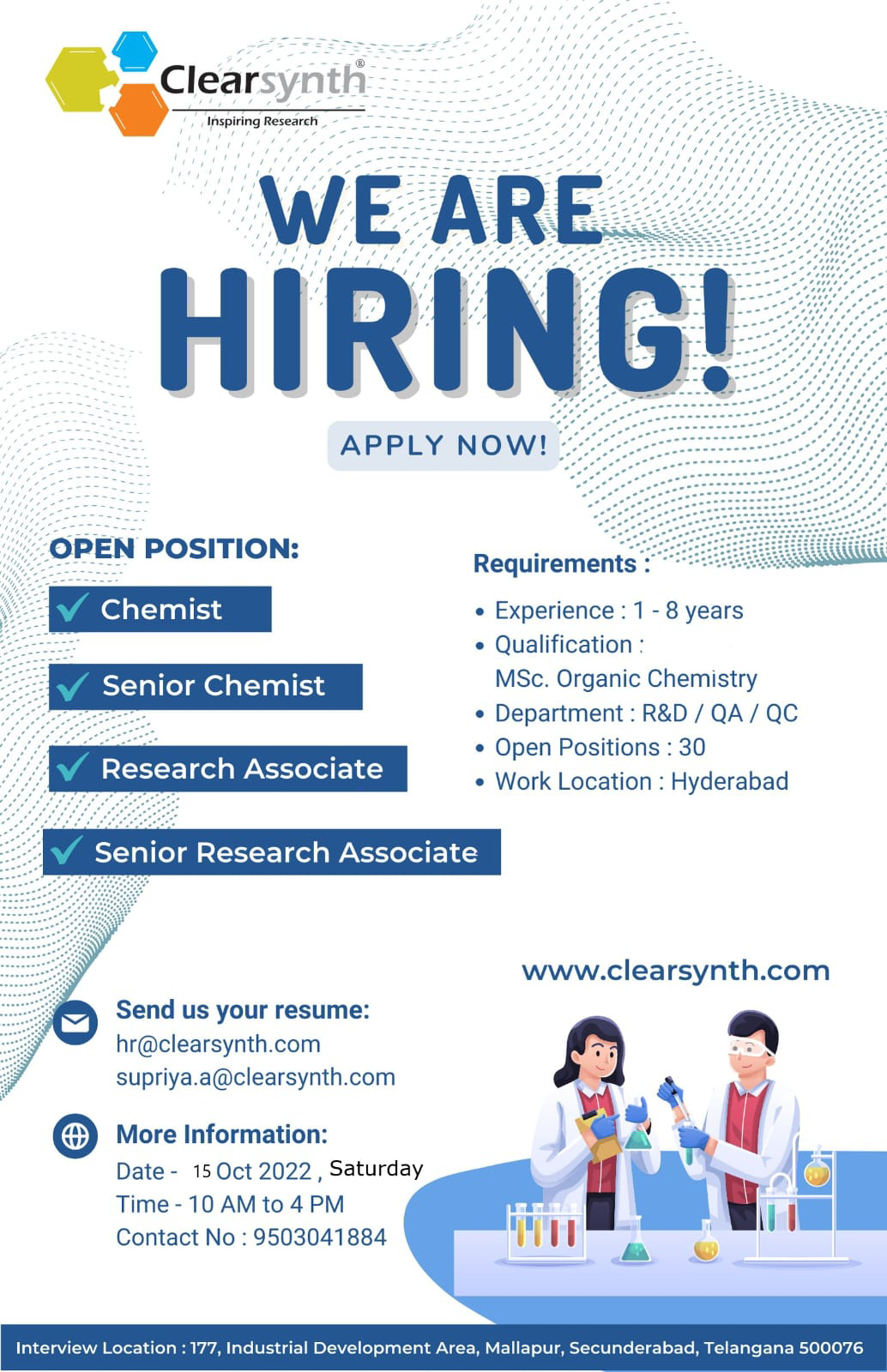 Job Availables for Clearsynth Walk-In Interview for R&D/ QA/ QC Department