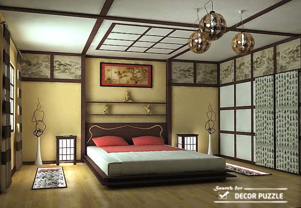 Japanese interior design, bedroom furniture, wall decor, ceiling design