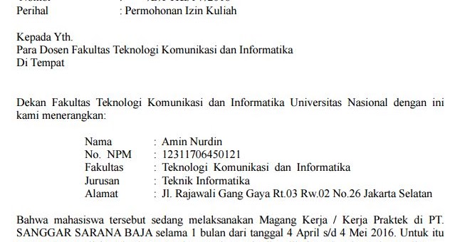 Contoh Surat Izin Kuliah karena Kerja Praktek Mata Kuliah 