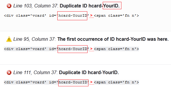 How Fix Error Duplicate ID hcard-YourID or The first occurrence of ID hcard-YourID was here in HTML5 blogspot