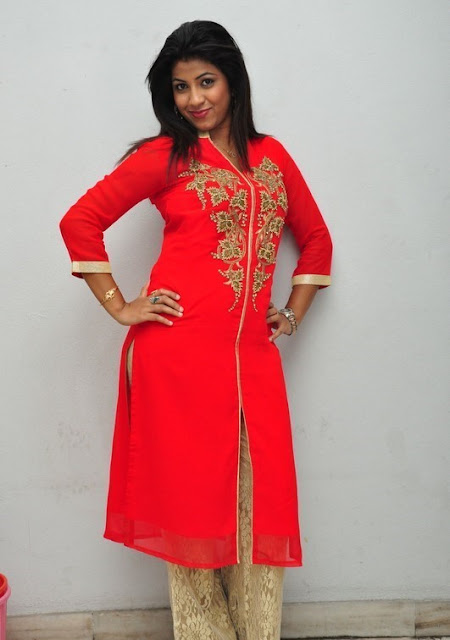 Geethanjali in Red Kurta with Cream Color Net Palazzo Pants