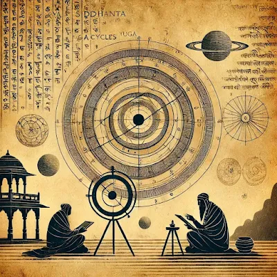A minimalist, ancient-style illustration depicting Hindu sages observing celestial bodies, representing the astronomical calculations in the Surya Siddhanta."