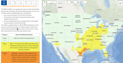 map of the USA showing areas with possible extreme heat