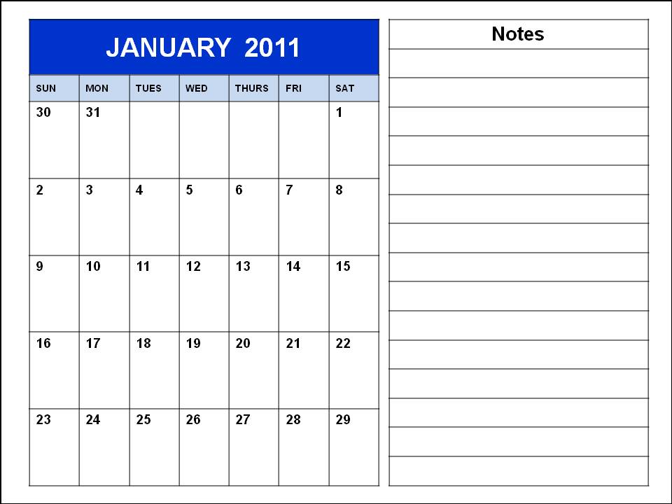 Homemade Blank Calendar 2011 January Printable Template