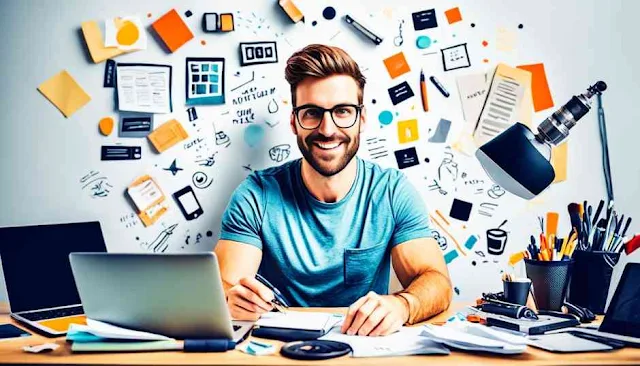 Create an image of a blogger in action, surrounded by various tools of the trade such as a laptop, camera, notepad and pen, and coffee cup. The blogger is positioned in front of a blank screen with an expression of inspiration and creativity. The scene is set in a brightly lit room with natural light streaming in from a window. The blogger's clothing is casual yet comfortable, conveying a sense of authenticity and relatability.