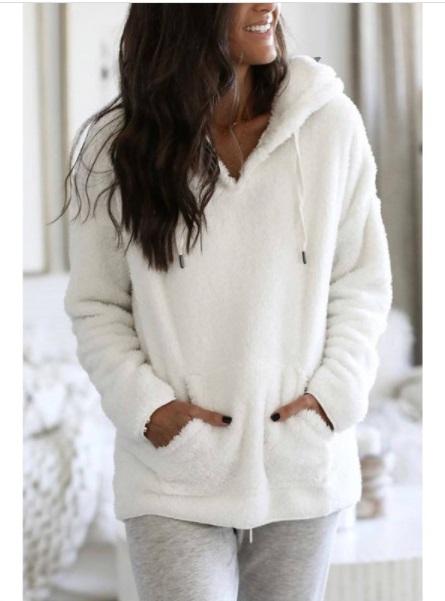 Fashion casual pure color pocket plush hooded sweater top