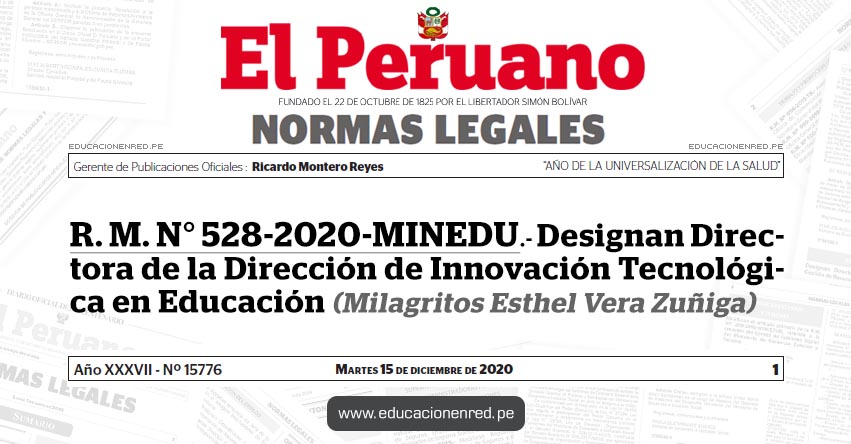 R. M. N° 528-2020-MINEDU.- Designan Directora de la Dirección de Innovación Tecnológica en Educación (Milagritos Esthel Vera Zuñiga)