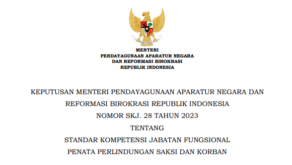 Keputusan Menteri PANRB atau Kepmenpan RB Nomor SKJ.28 Tahun 2023 Tentang Standar Kompetensi Jabatan Fungsional Penata Perlindungan Saksi Dan Korban