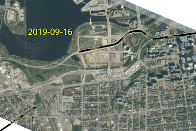 Aerial photo of a section of Ottawa with Wellington Street and Wellington Street West emphasized in black (both going off screen), as at their respective 2019-09-16 boundaries.