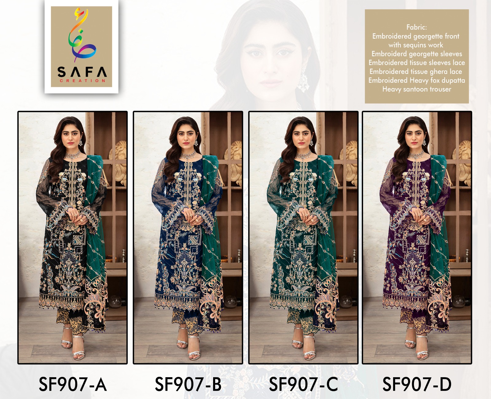 907 Safa Creation Georgette Embroidery Work Pakistani Salwar Suits