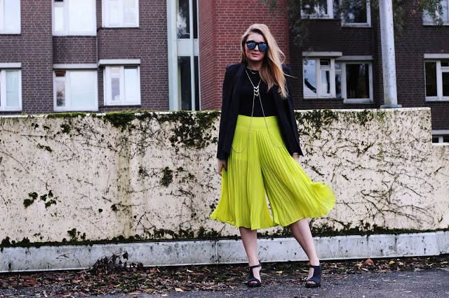 Pleated Neon Culotte and Cape Blazer