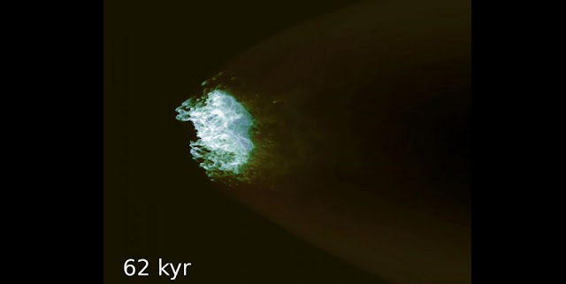 Rather than getting pushed, the simulation shows the cold material instead becomes gradually heated until it is fully incorporated into the hot wind. Credit: Evan Schneider, Princeton University