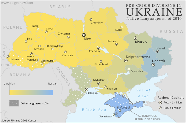Kaart van de talen in de Oekraïne per regio (oblast), waaruit blijkt gradatie tussen Oekraïense en Russische taal, terwijl markering regio's met grote proporties van bewoners met andere inheemse talen