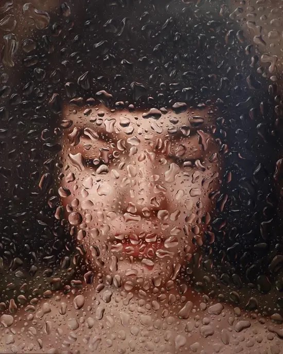 Darian Mederos arte pinturas hiper-realistas surreais através plástico bolha